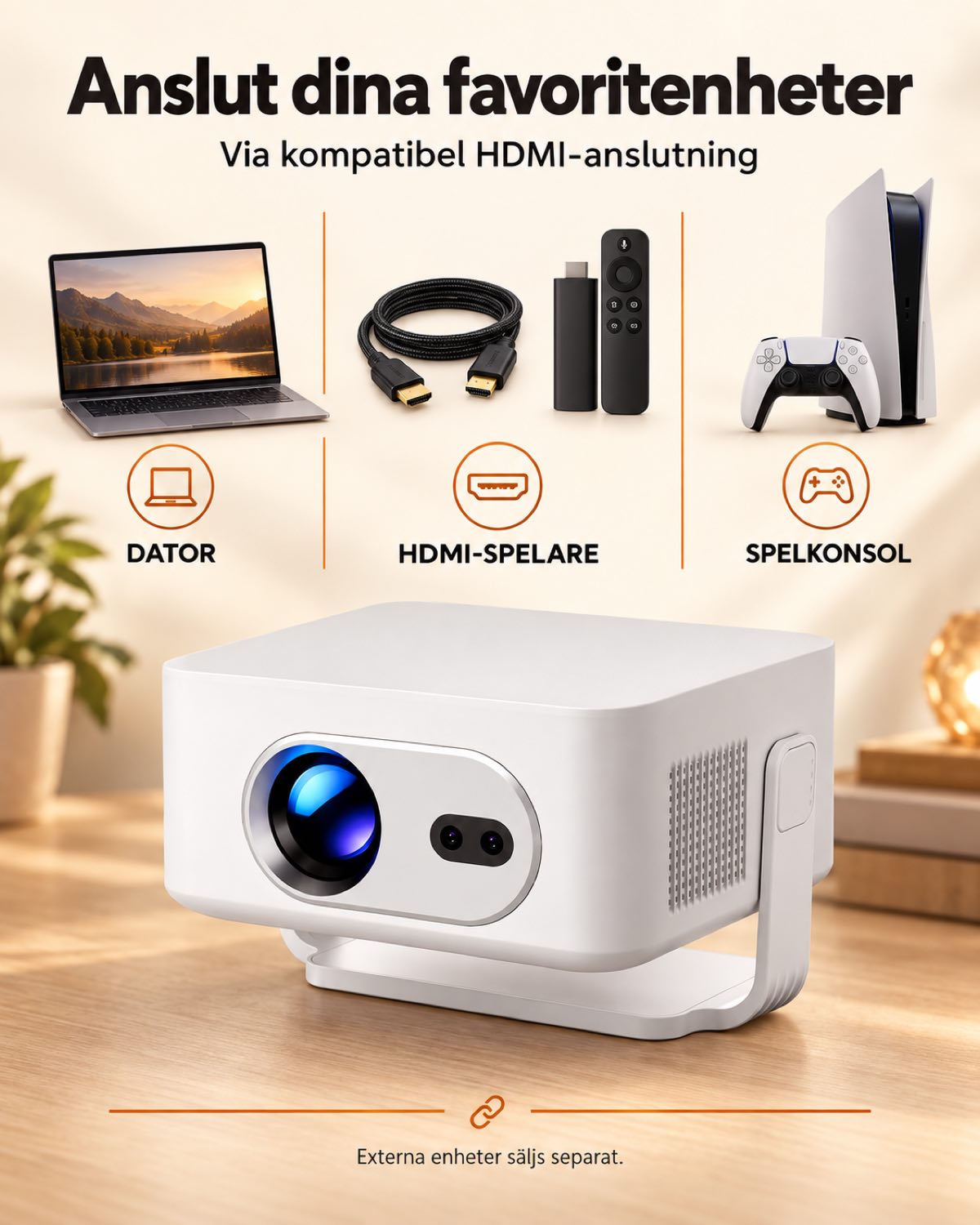 Miniprojektor Projektorland Vista Max – 260 ANSI-lumen, HD 720p, autofokus, Android 14 och Wi-Fi 6